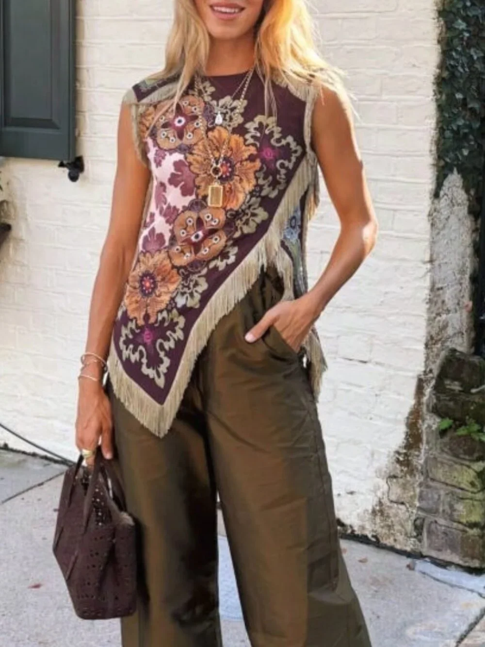 Burgundy Casual Women's Beaded Rhinestone Tiered Long Regular Sleeveless Vest